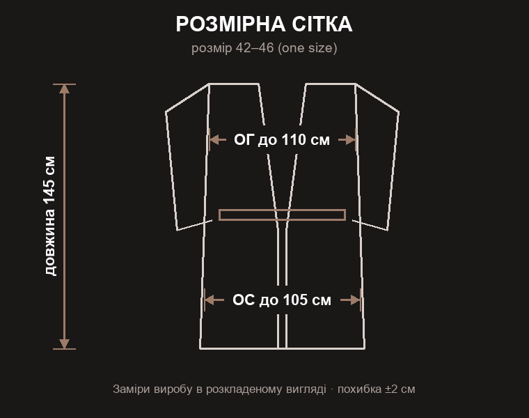 Розмірна сітка: ОГ до 110 см, ОС до 105 см, довжина 145 см